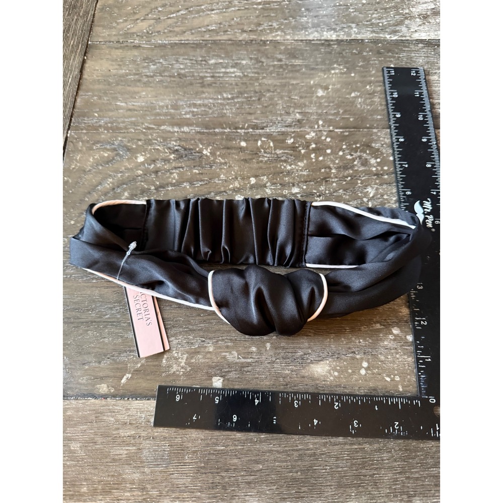Victorias Secret Black Satin Pink Piping Top Knot Elastic Headband 413422-QB4